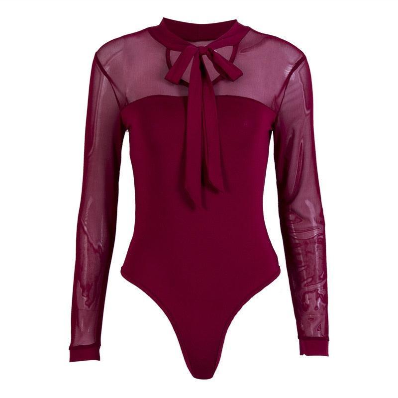 Mock Neck Patchwork Long Sleeve Bodysuit - runwayfashionista.com