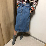 Slim High Waist Midi Jean Skirt - runwayfashionista.com