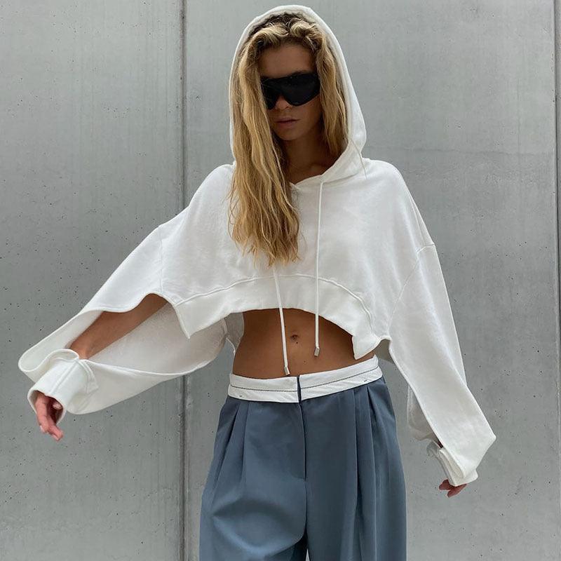 Long Sleeve Short Open Umbilical Relaxed Hoodie - runwayfashionista.com