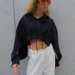 Long Sleeve Short Open Umbilical Relaxed Hoodie - runwayfashionista.com