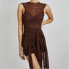 Sheer Mesh Mock-Neck Deconstructed Multi-Ribbon Draped Fringe Mini Dress in Brown