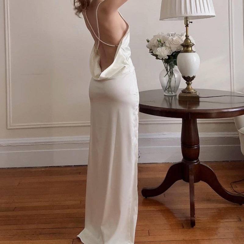 The Dress That Stops Time: White Satin Cowl Back Pearl Strap Slip Maxi Dress