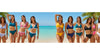 A vibrant collection of ladies' two-piece swimsuits and bikini sets, featuring high-waisted bottoms, triangle tops, and tropical floral prints for summer vacations.