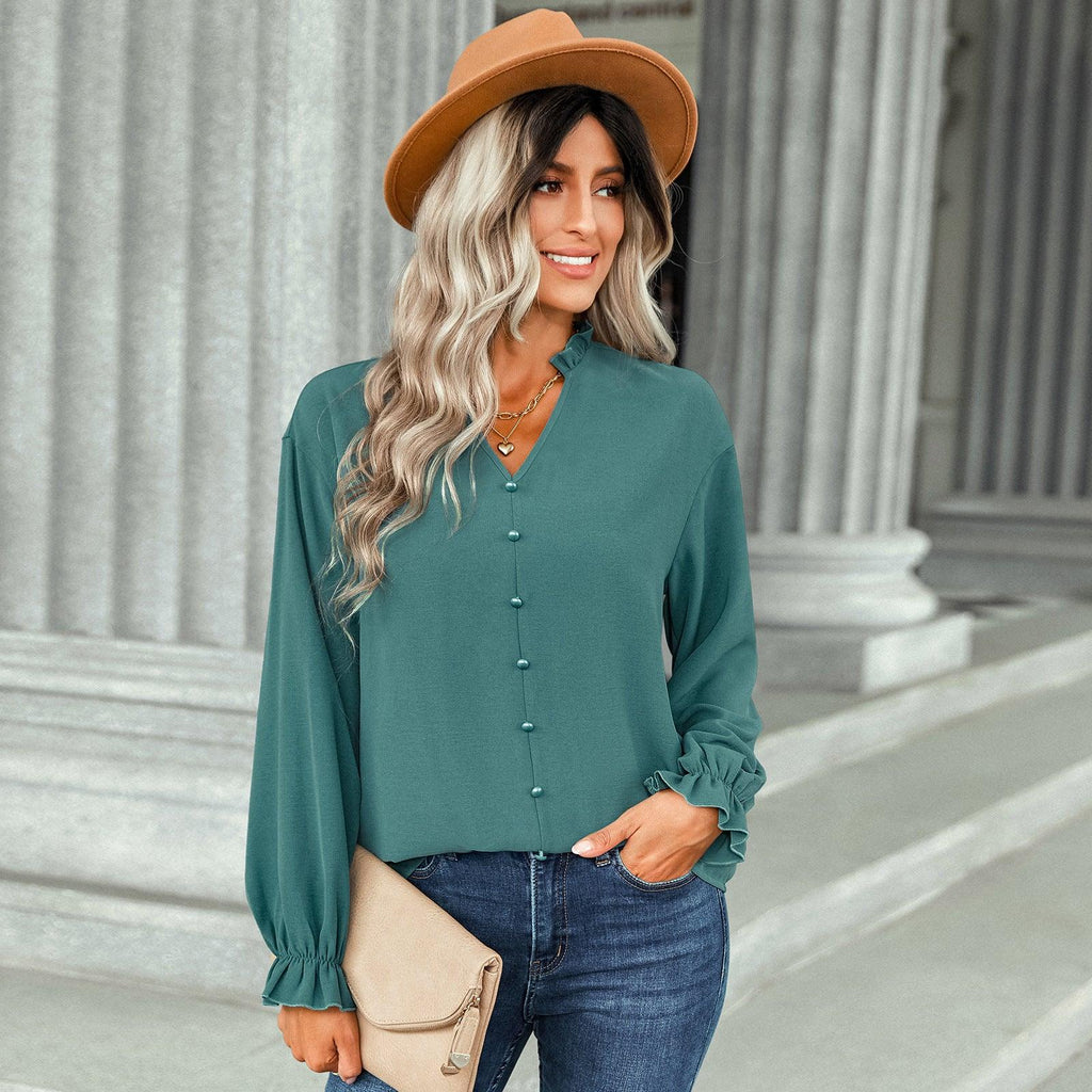 Button-Decorated Solid Color Shirts