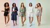 A diverse collection of women's matching short sets featuring a black knit lounge set, a navy linen blazer and shorts suit, a tropical print summer set, a white fleece hoodie set, and a silver sequin party set