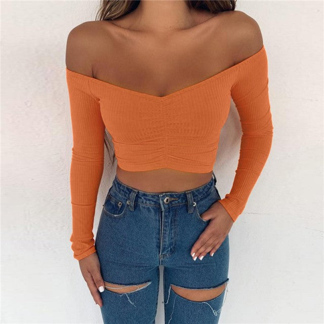 Long Sleeve Off Shoulder T-shirt - runwayfashionista.com