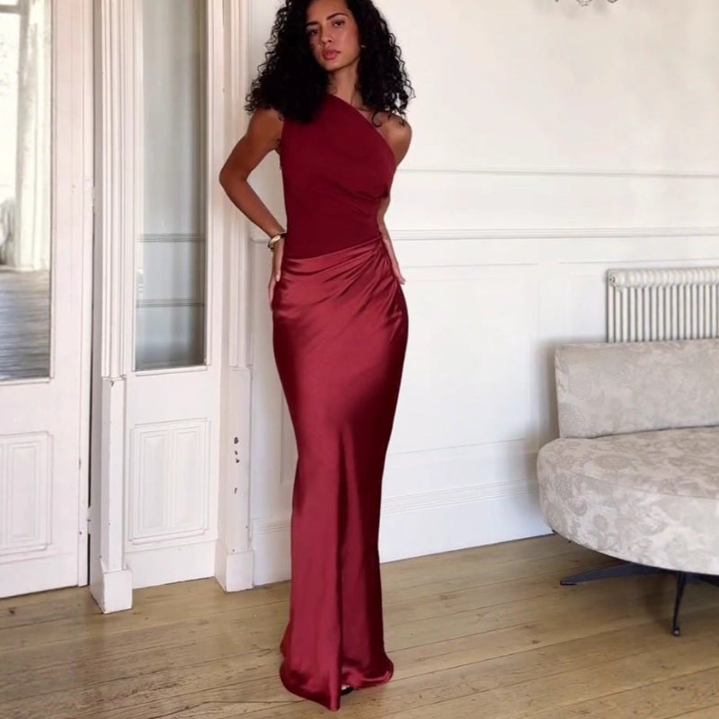 Slanted Shoulder Pleated Patchwork Satin Maxi Skirts