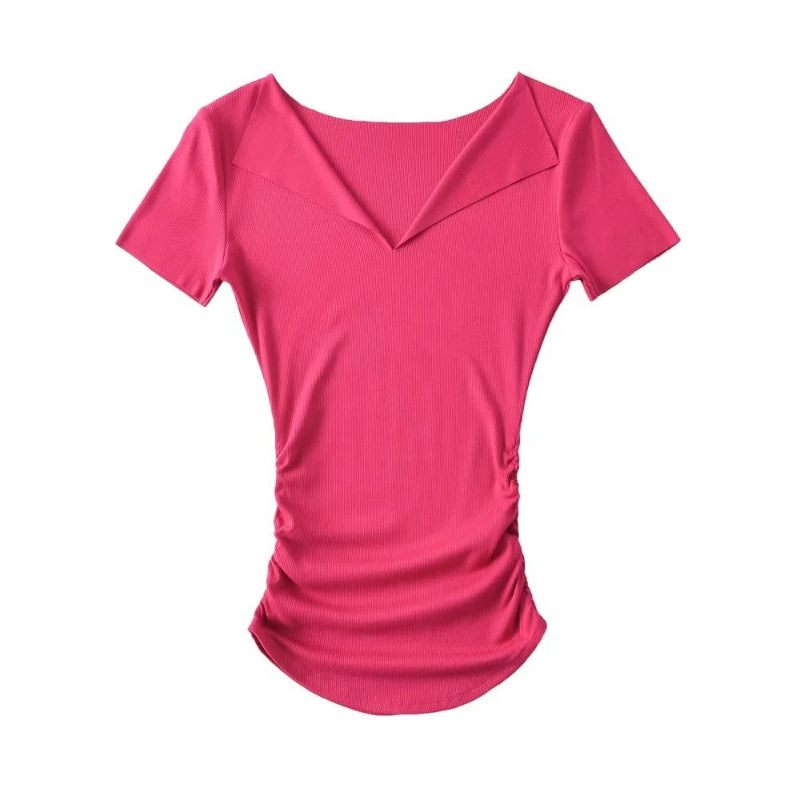 Half open solid color threaded short sleeved shirt