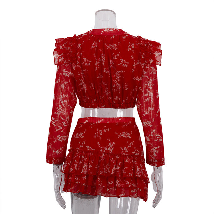 Round Neck Long-sleeved Cropped Top And Printed Mini Skirt Two-piece Set