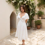 V-neck Fashionable Pleated Waist Mini Dress 