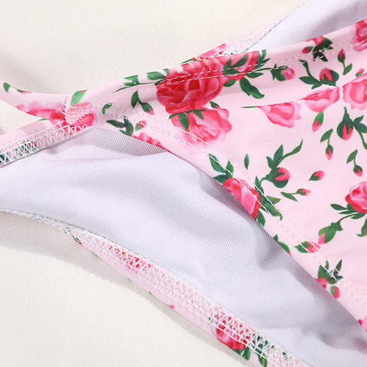 Pink & Blue Ditsy Floral Print Ruched Lace-Up Tassel-Tie Spaghetti-Strap Bikini Set