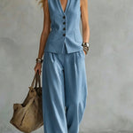 Two-piece V-Neck Sleeveless Vest And Wide Leg Pants - blue