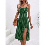 Polka Dot Print Suspender Midi Dress - dark green