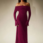 Off-Shoulder Maxi Dress With Glitter Detail And Mesh Sleeves - claret