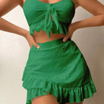 Broderie Anglaise Tie-Front Crop Top, Bikini Bottom & Ruffle Mini Skirt 3-Piece Beach Set - green