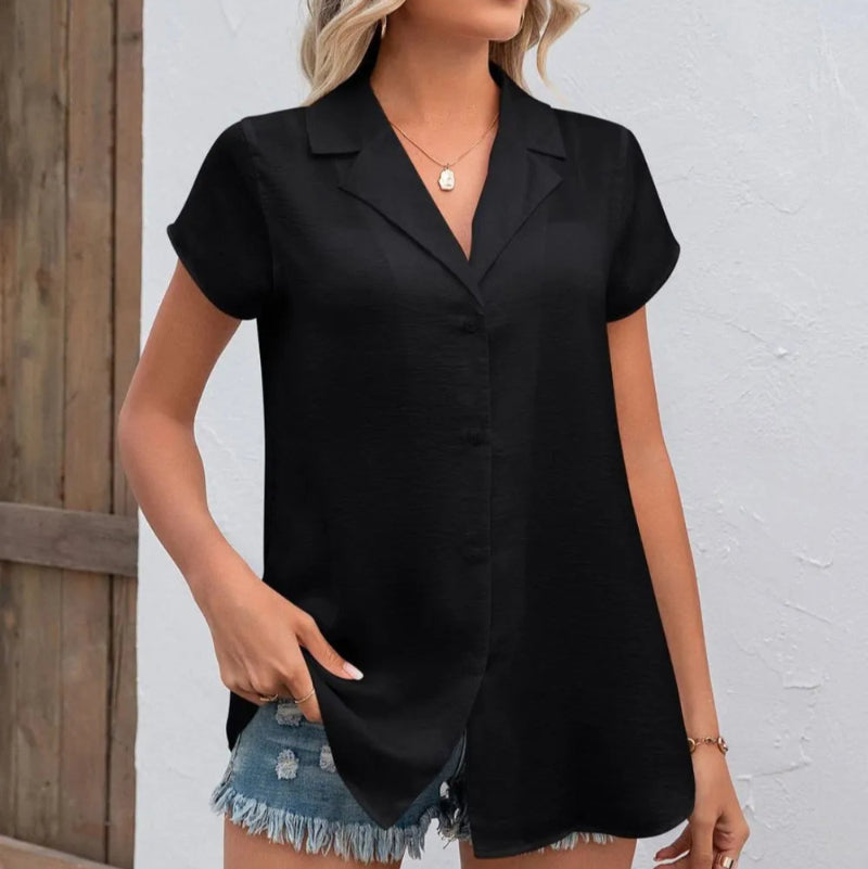 Button Up Collared Neck Short Sleeve Shirt -  runwayfashionista.com