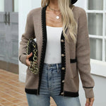 Contrast Trim Button Up Long Sleeve Cardigan - runwayfashionista.com