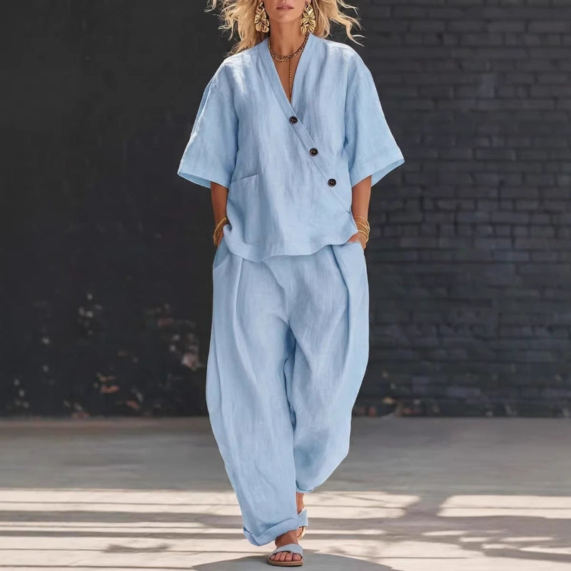Loose-fit V-neck Top And High-waist Trousers - light blue