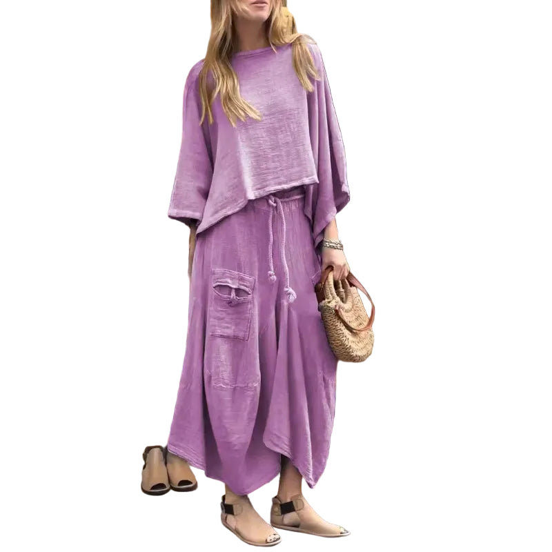 Relaxed Asymmetric Top and Maxi Skirt Set - purple