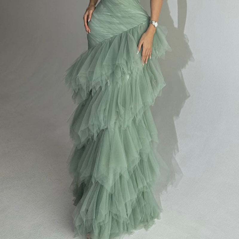 Elegant Light Green Strapless Mermaid Maxi Dress With Layered Tulle Skirt