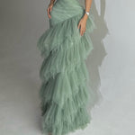 Elegant Light Green Strapless Mermaid Maxi Dress With Layered Tulle Skirt