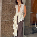 Cream Satin Tie Detail Sleeveless Draped Tunic Top