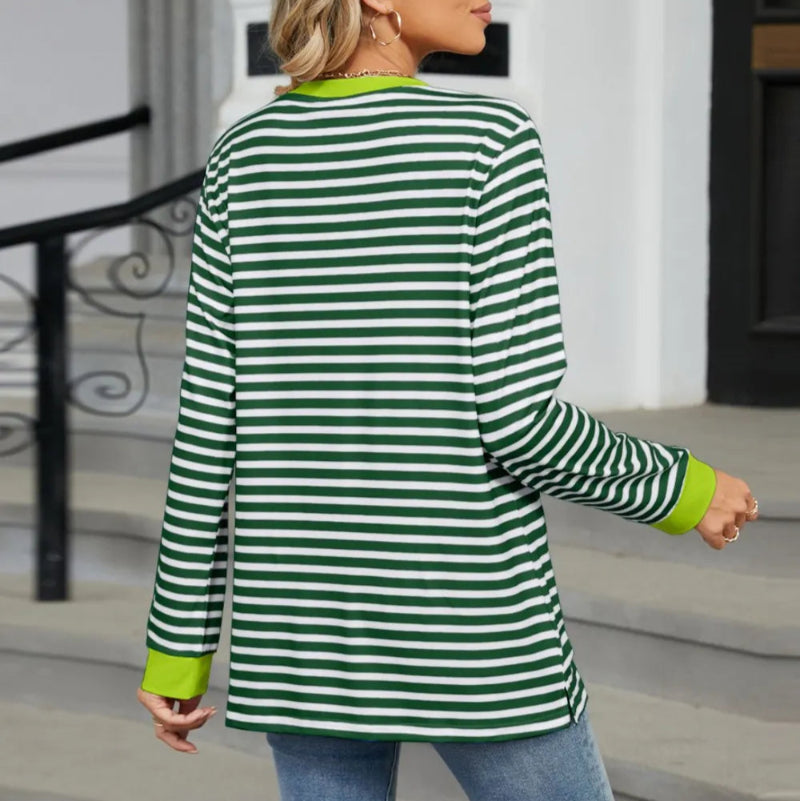 Pocketed Striped Round Neck Long Sleeve T-Shirt - runwayfashionista.com