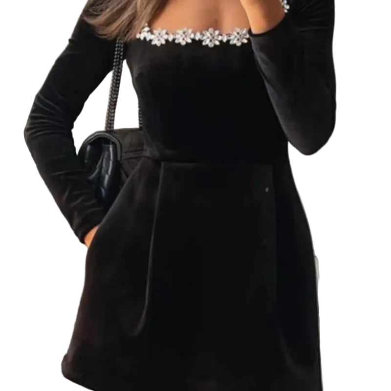 Floral Embellished Square Neck Mini Dress - black