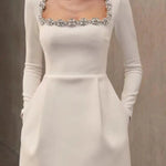 Floral Embellished Square Neck Mini Dress - white