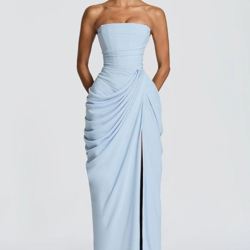 French Style Romantic Strapless Pleated Slit Maxi Dress - light blue