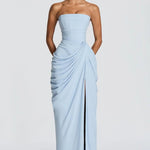 French Style Romantic Strapless Pleated Slit Maxi Dress - light blue