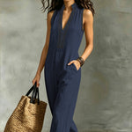 V-Neck Contrast-Trim Sleeveless Wide-Leg Jumpsuit - dark blue