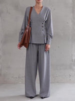 Light Grey V-Neck Asymmetrical Button Top & Wide-Leg Pants Set - grey