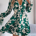 Tied Ruffled Printed Long Sleeve Dress - runwayfashionista.com