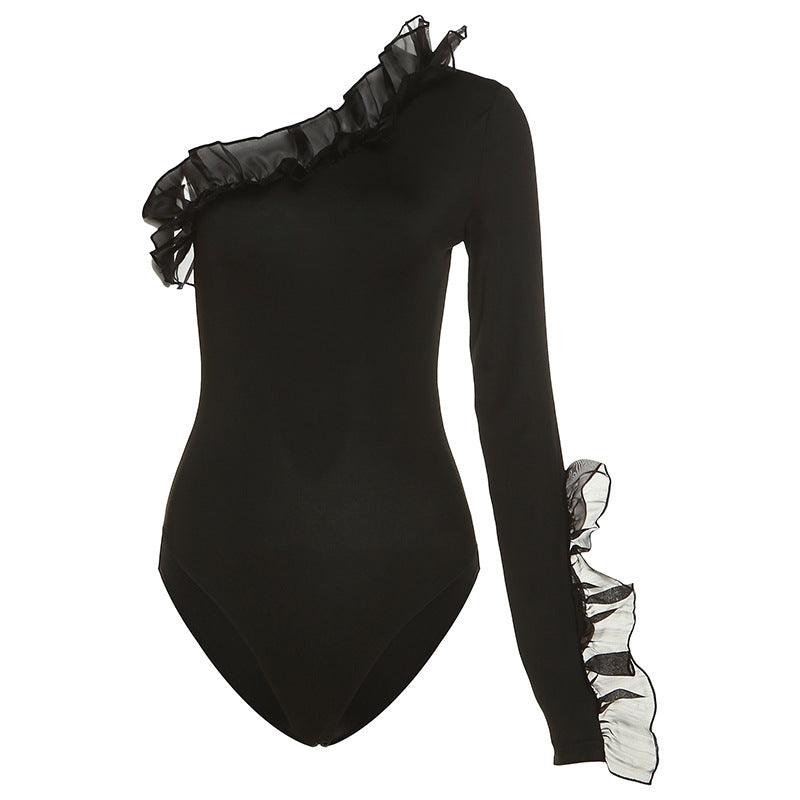 One Shoulder Sleeve Slim Wrap Hip Bodysuit - runwayfashionista.com