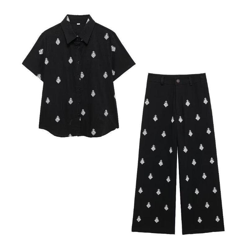 Embroidered Wide Leg Pants Set