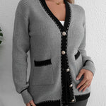 Contrast Trim Button Up Long Sleeve Cardigan - runwayfashionista.com
