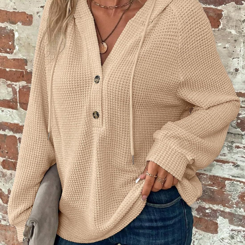 Long-sleeved Drawstring V-neck Hooded Sweater - beige