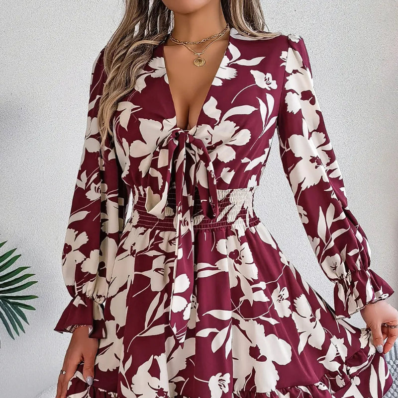 Tied Ruffled Printed Long Sleeve Dress - runwayfashionista.com