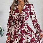 Tied Ruffled Printed Long Sleeve Dress - runwayfashionista.com
