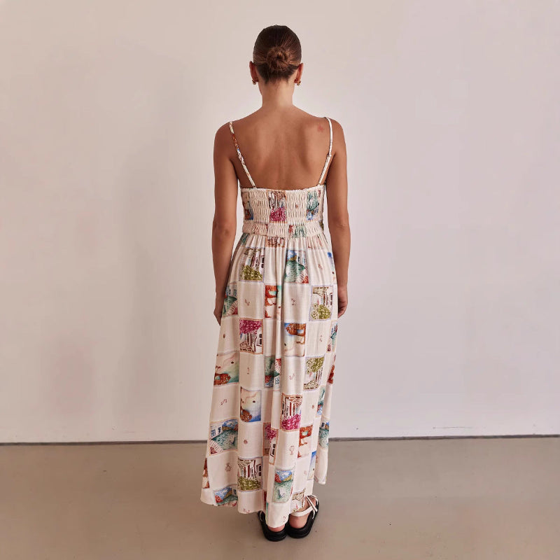 A model wearing a floral print, one-shoulder, sleeveless, A-line midi dress with a high waist, suitable for business or elegant events.