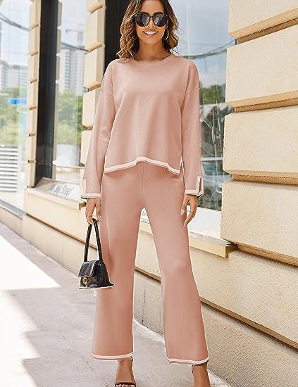 2 piece long sleeved knitted sweater top wide leg pants - runwayfashionista.com