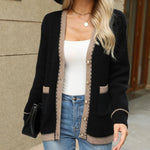 Contrast Trim Button Up Long Sleeve Cardigan - runwayfashionista.com