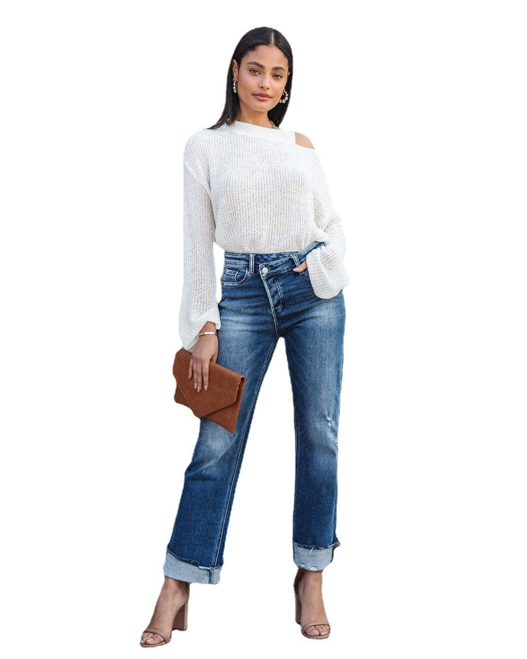 High Waist Button Splicing Straight Jeans - runwayfashionista.com