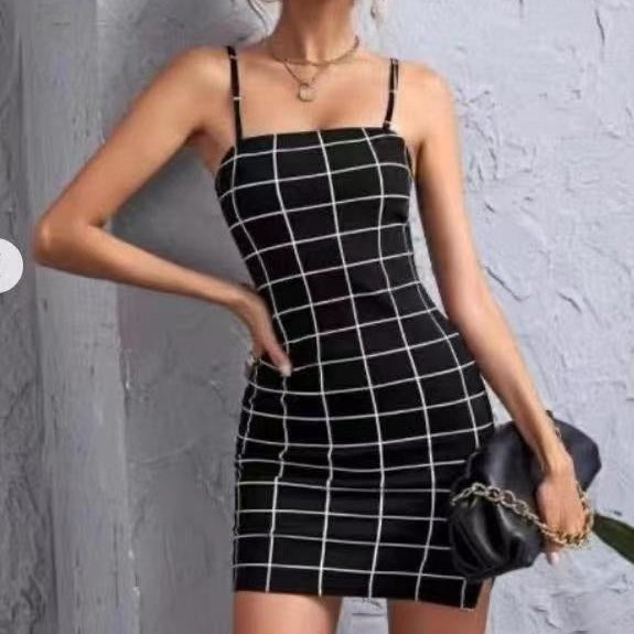 Retro Plaid Sexy Spaghetti Strap Bodycon Mini Dresses