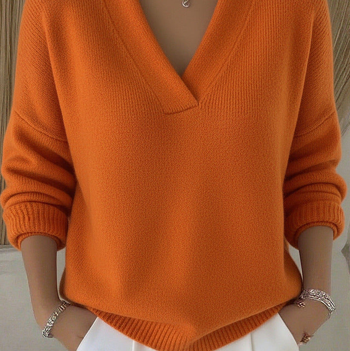 Elegant Soft V-neck Knit – Chic Long Sleeve Style - orange