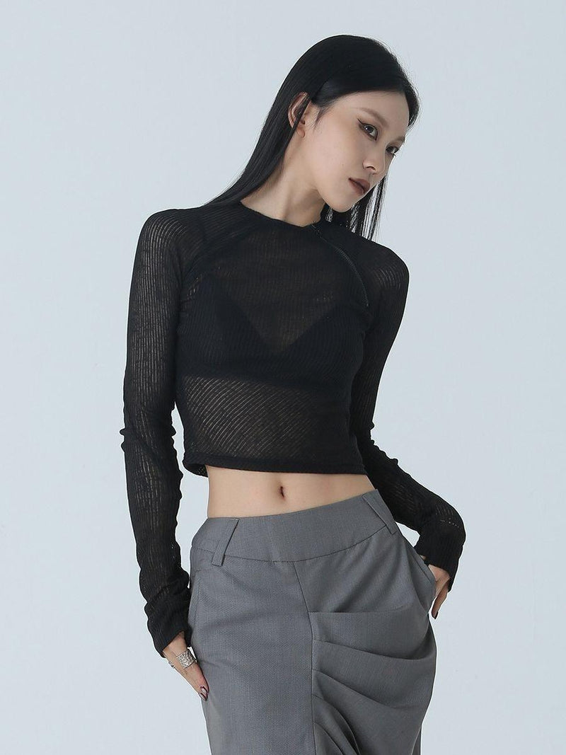 Thin Zipper Slim Perspective Short T-shirt - runwayfashionista.com