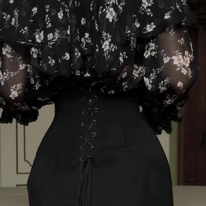 Black Floral Chiffon Overlay & Bodycon Midi Skirt 2-Piece Set With Tassel Belt
