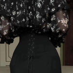 Black Floral Chiffon Overlay & Bodycon Midi Skirt 2-Piece Set With Tassel Belt