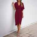A collection of irregular hem midi dresses in black, khaki, burgundy, and military green, featuring V-necks, short sleeves, and pleats.